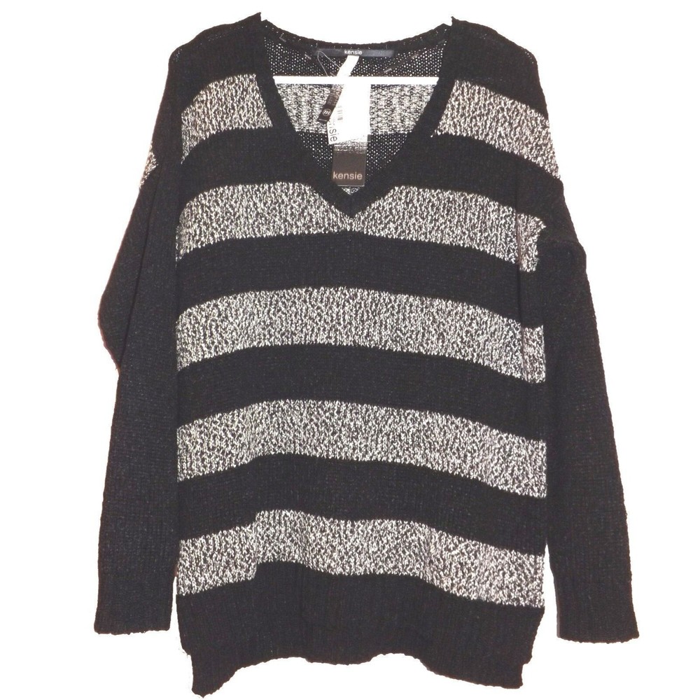 Kensie Women Sweater Black Marled Long Sleeve V-Neck Striped Medium Size - Picture 1 of 2